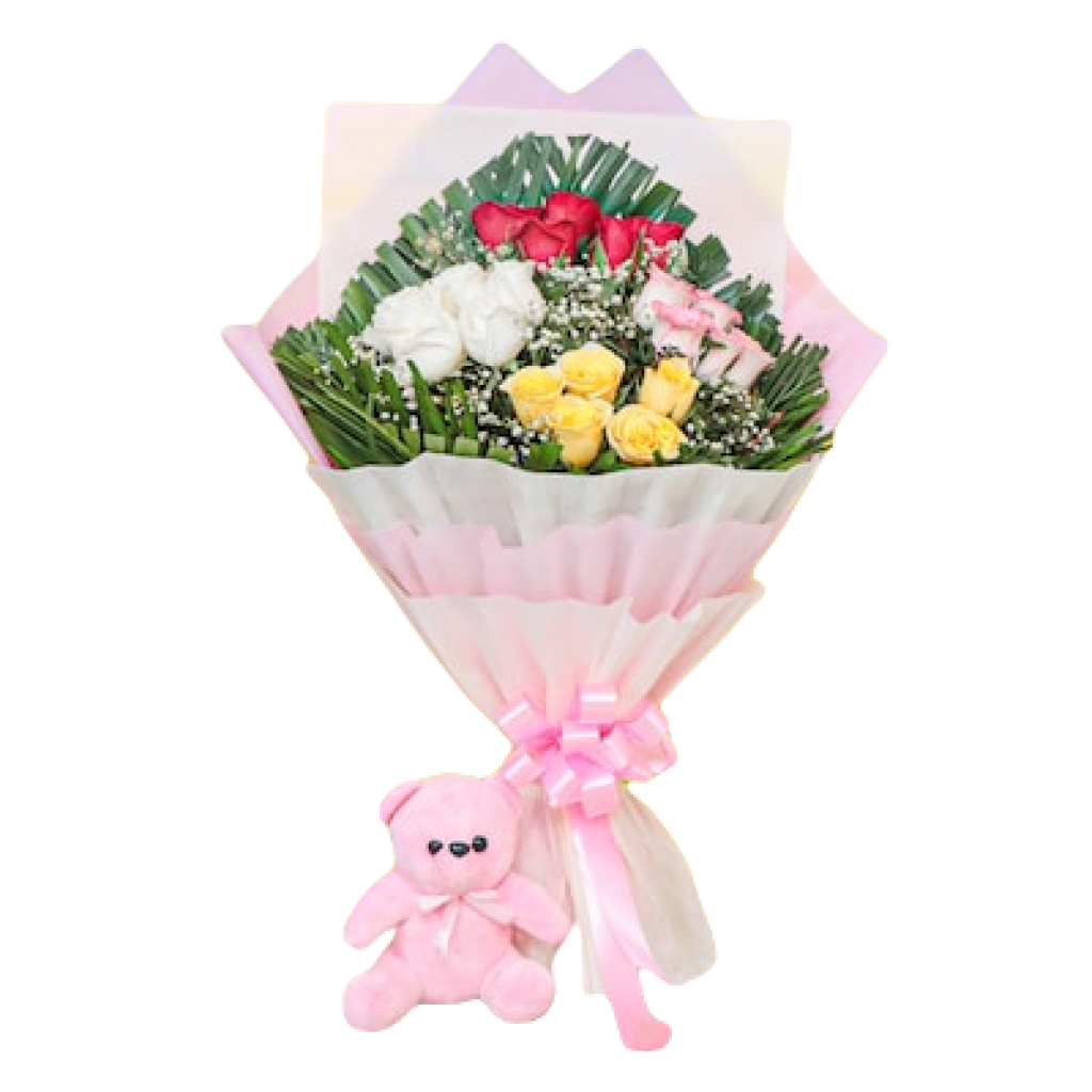 Mix Roses with pink teddy combo