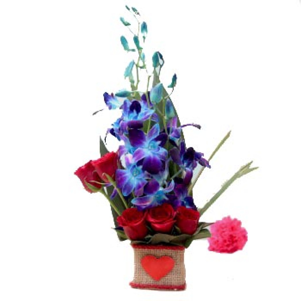 Blue Orchids and Red Roses Love Bouquet