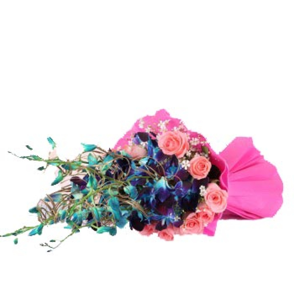 Blue Orchids and Pink Roses Bouquet