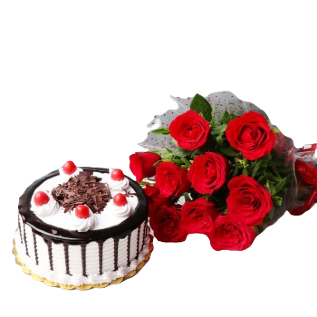Red Roses And black forest Cake