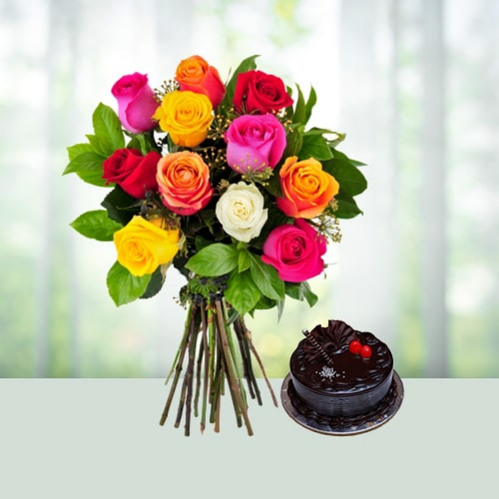 Valentine Day Flowers with Chocolate Cake Combo