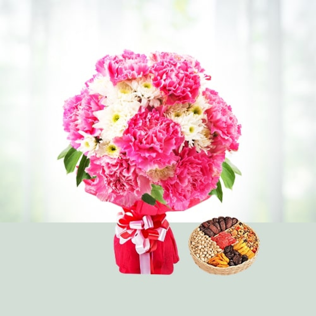 Women's Day Flowers with Dryfruits Combo
