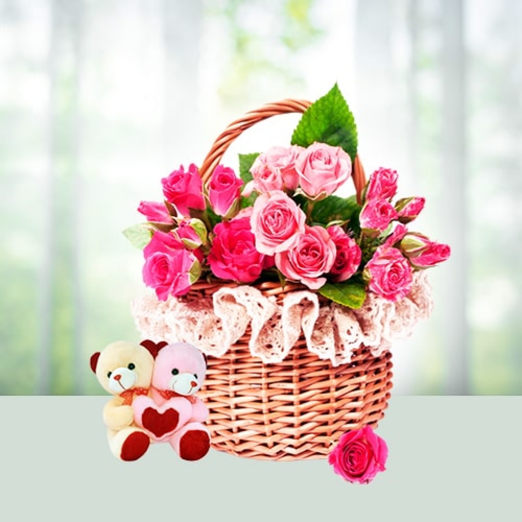 Women's Day  Flowers with Teddy Bear Combo